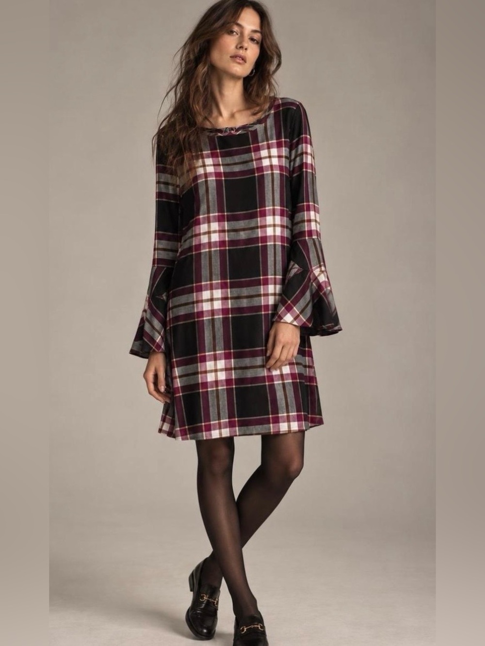 Ann Taylor LOFT Tie Back Black/Purple Plaid Dress w/Bell Sleeves- Size 8